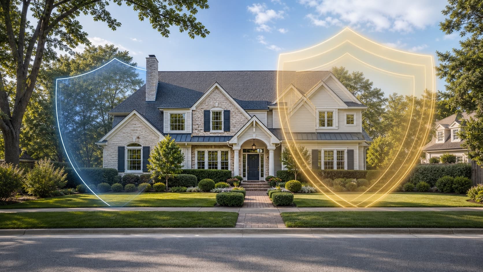 A home shown with baseline and expanded layers of title insurance protection